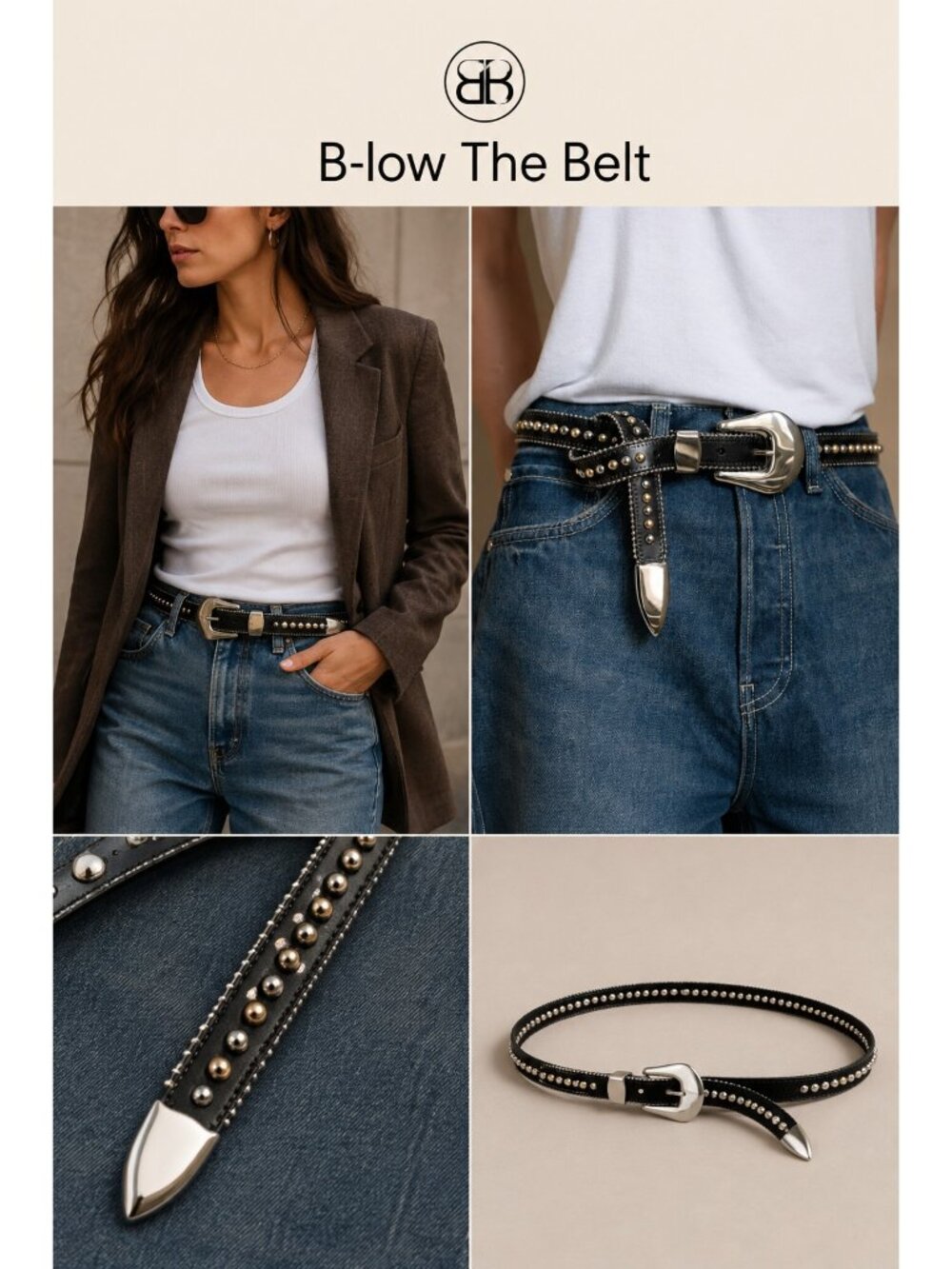 B-Low The Belt Black Genuine Leather Studded Western Belt Size L Silver Hardware